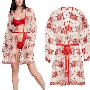 Victoria’s Secret Floral Embroidered Sheer Mesh Robe Valentines Intimate Red M L